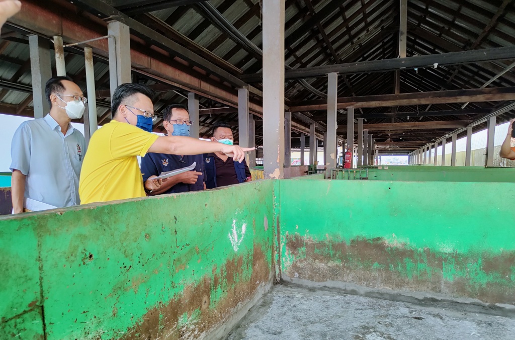 Chieng (second left) points to the plastering works at a pig pen housed in SMC abattoir, while Anthony is at third left. – Photo by Peter Boon