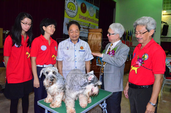 CUTE DOGS: Wong (centre) being introduced to a couple of Schnauzer (miniature) pedigree dogs imported from Germany by Lo (second right) at the dog show.